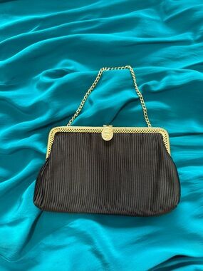 Black Pleated Evening Clutch with Gold Chain